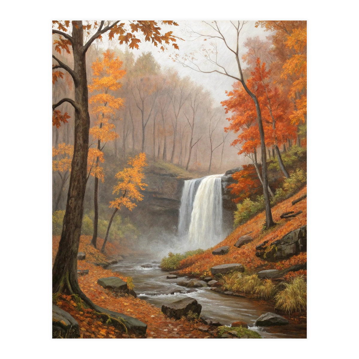 Serene Autumn Waterfall in Misty Forest (Print Only)