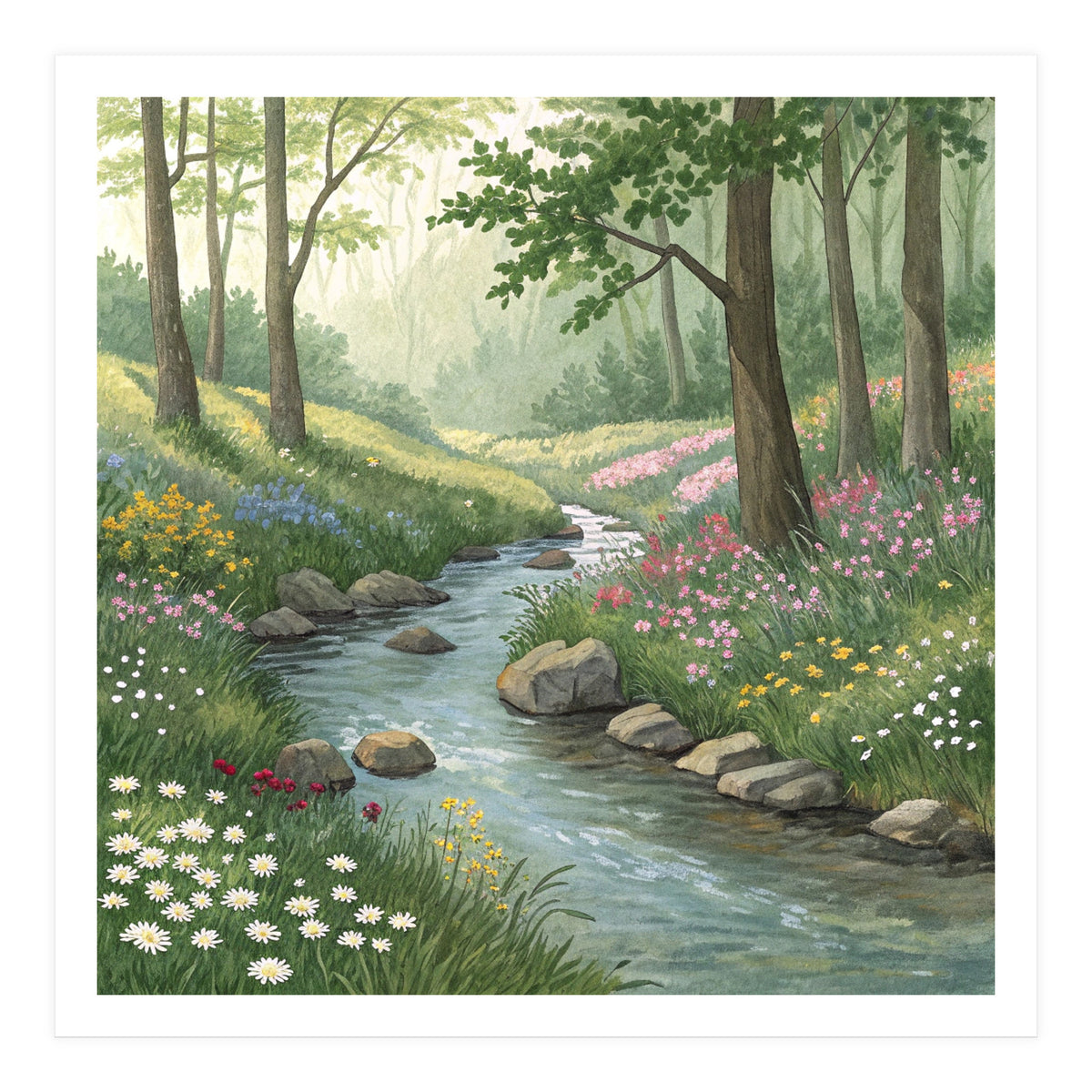 Vibrant Forest Stream Watercolor Painting (Print Only)