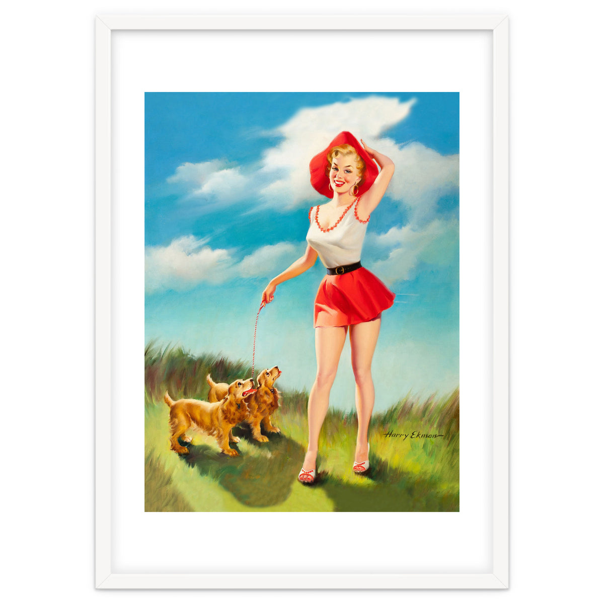 Pinup Girl In Little Red Dress And Two Dogs