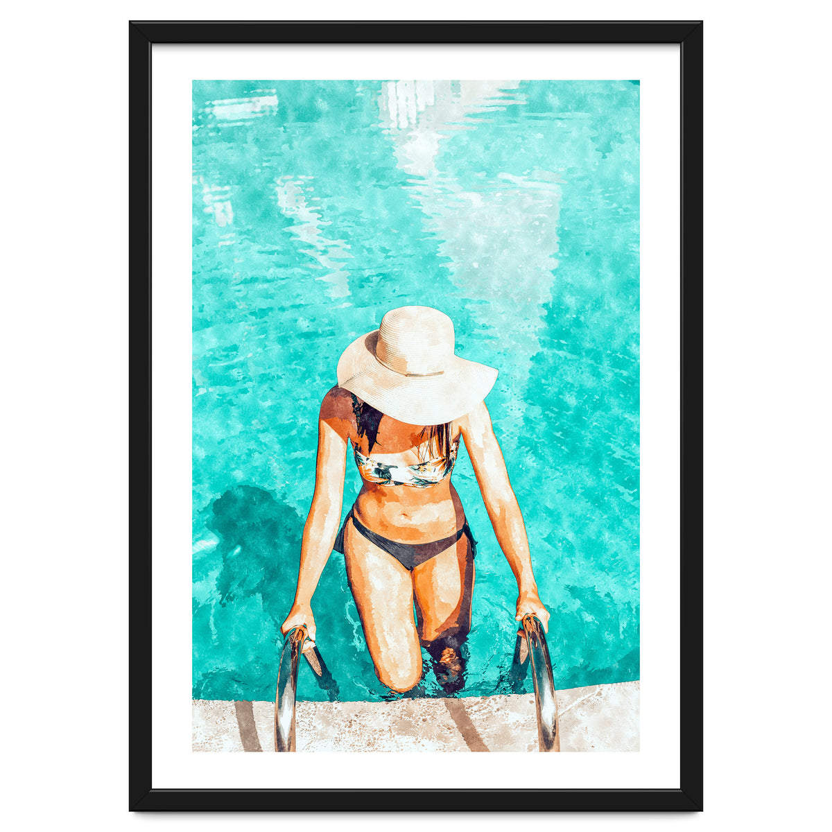 Pool Fashion | Modern Bohemian Woman Swim Watercolor Painting | Contemporary Travel