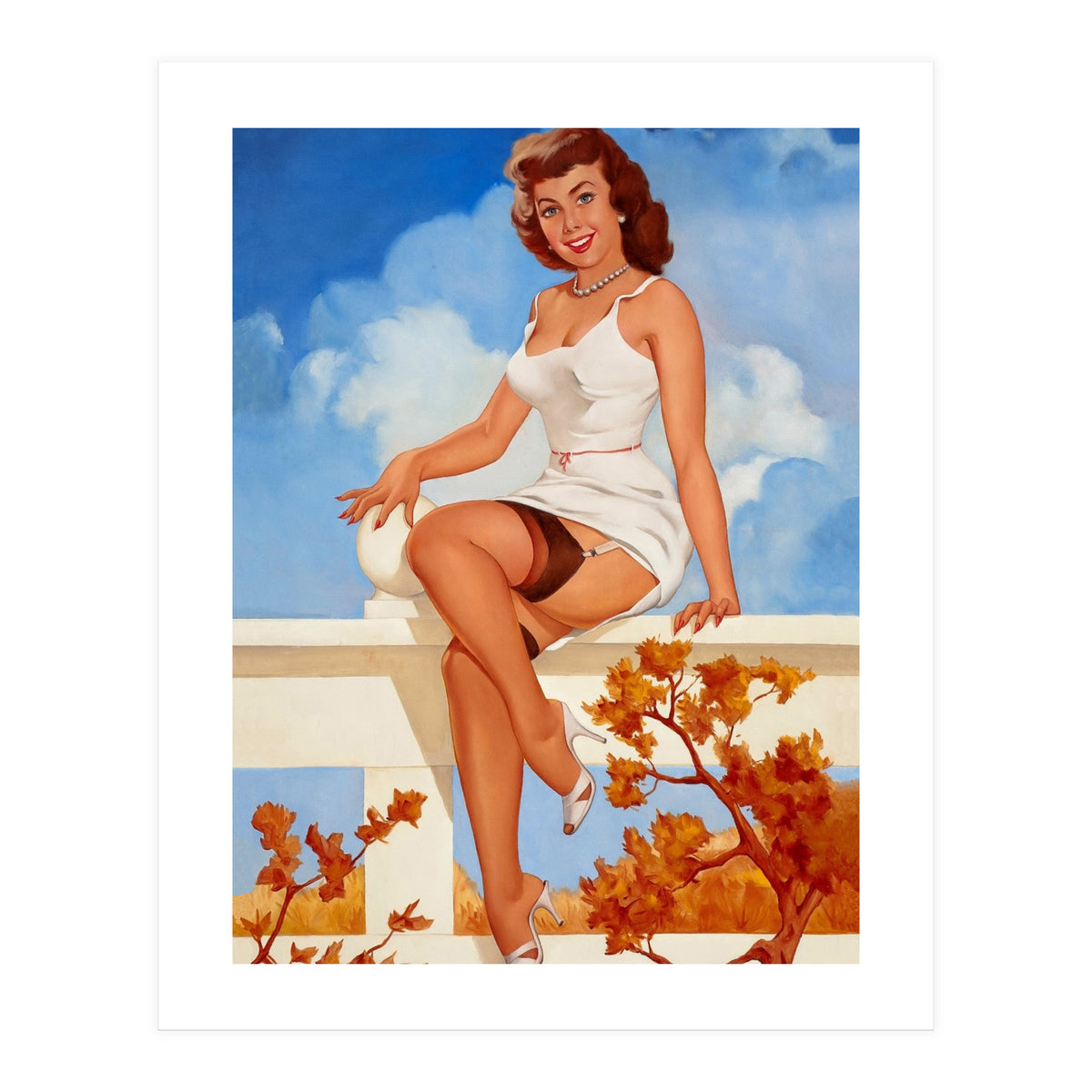 Beautiful Pinup Girl Posing On A Fence (Print Only)