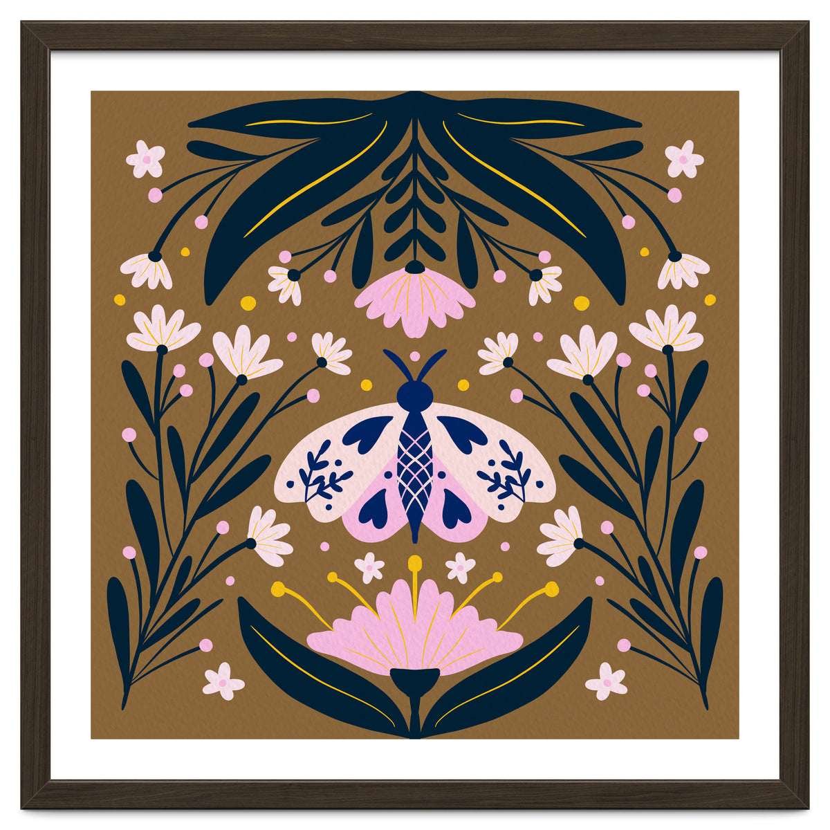 Pink Moth with Flowers on a brown background