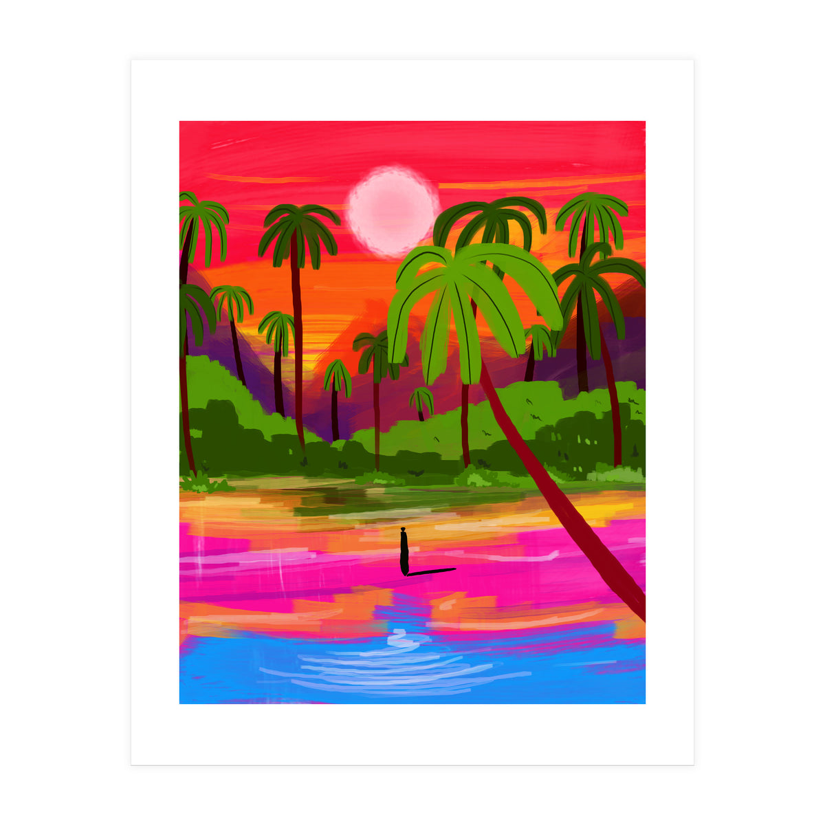 My Shadow & I, Sunset Painting Lake Beach Seashore, Tropical Nature Landscape Colorful Bohemian Traditional, Travel Concept Companion (Print Only)