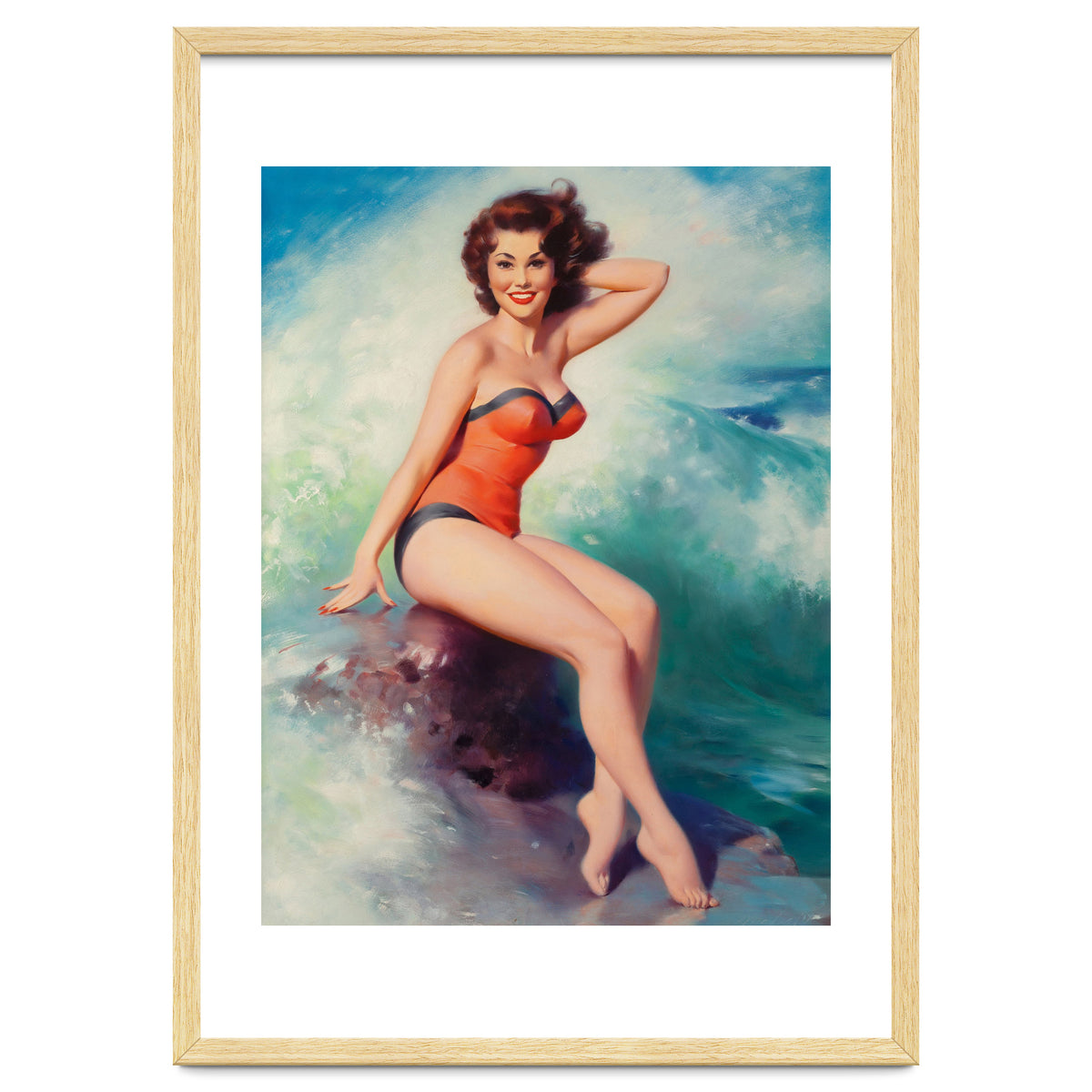 Pinup Girl Posing In Front Of Big Waves On The Beach