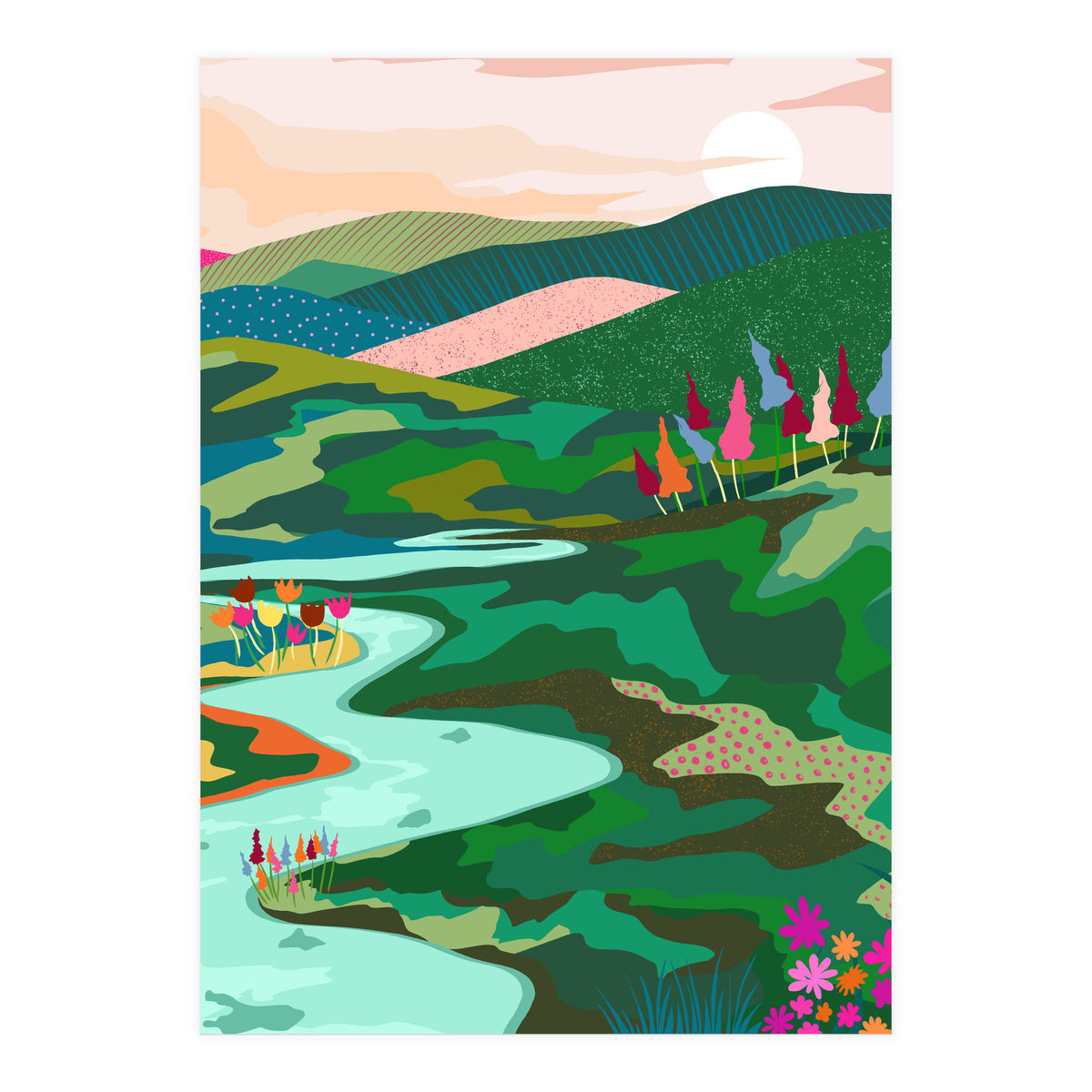 Endless Love, Bohemian Nature Landscape Scenic Meadow, Eclectic Colorful Travel Forest Mountains Sunset (Print Only)