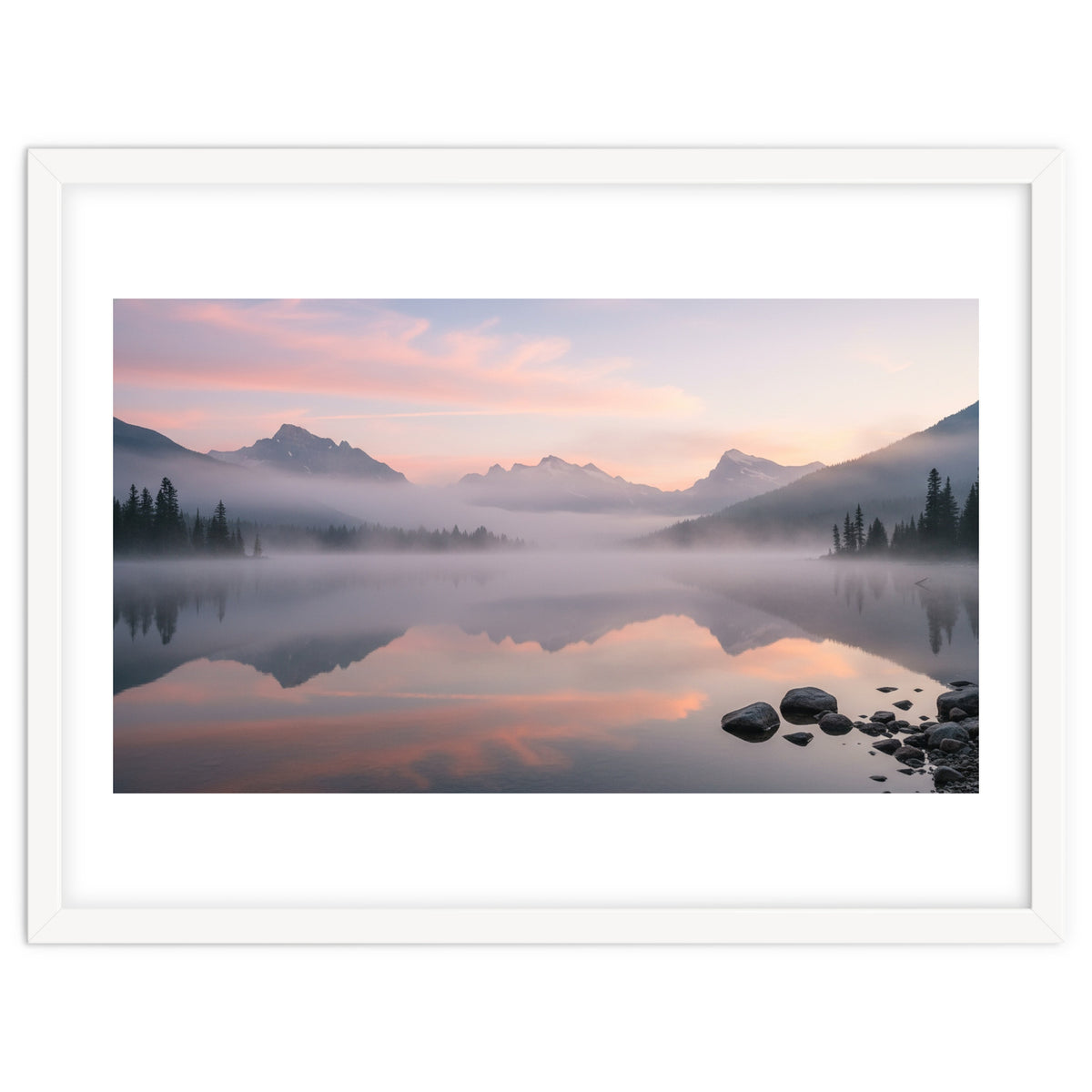 Misty Morning Reflection: Serene Alpine Lake