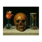 Vanitas, allegory of fleeting time with skull and hour-glass. Oil on canvas. (Print Only) thumbnail