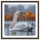 White Swan Swimming In A Lake With Reeds thumbnail