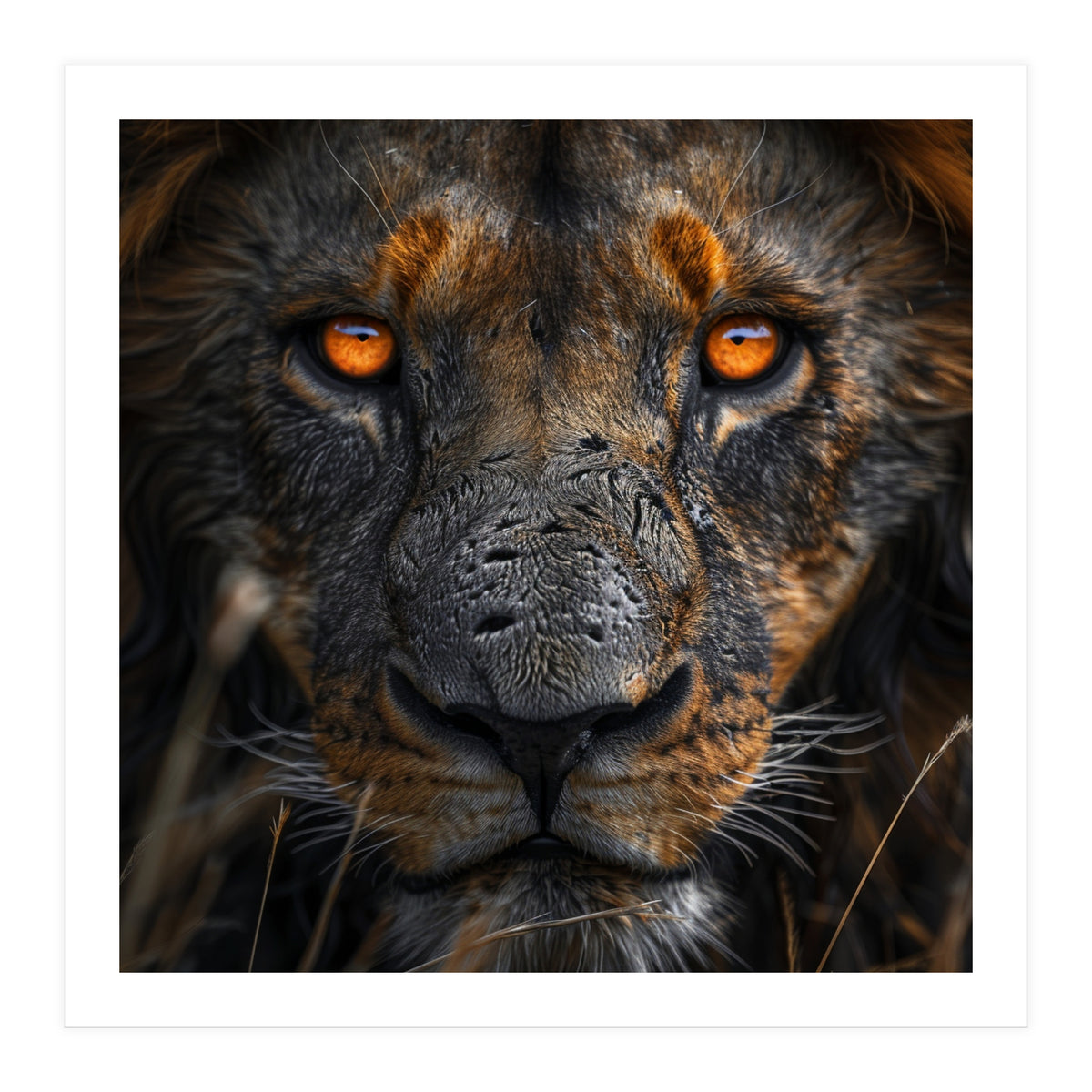 Majestic Lion Face Intense Orange Eyes Close Up (Print Only)