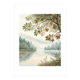 Tranquil Lakeside Forest Watercolor Painting with Overhanging Autumn Branches and Misty Mountain Reflection (Print Only) thumbnail