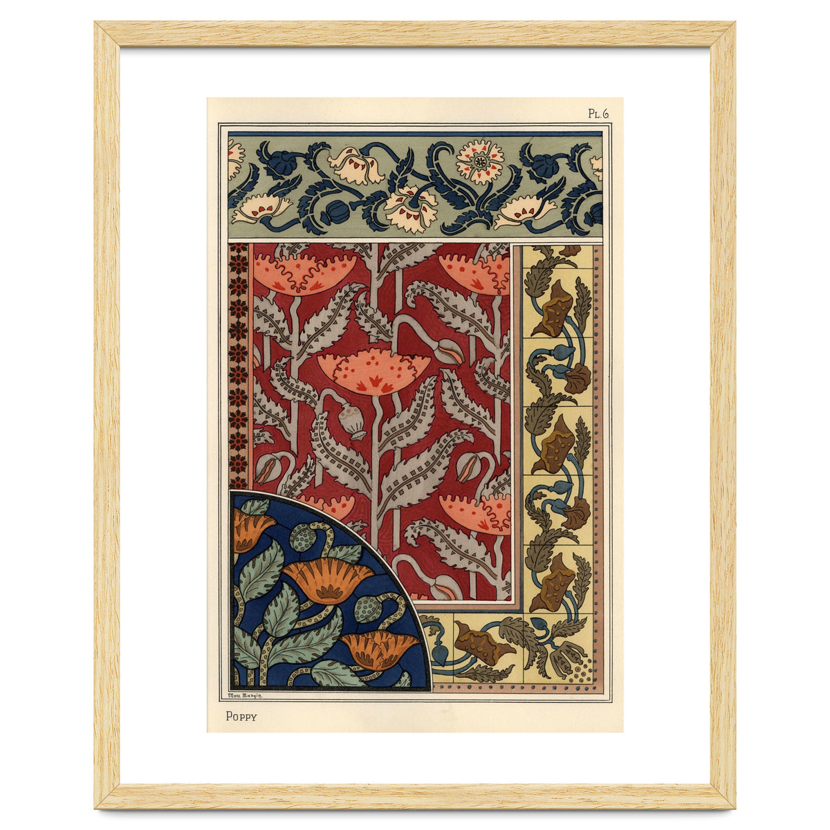 The poppy, Papaver somniferum, in stained glass, wallpaper, fabric and tile patterns. Lithograph ...