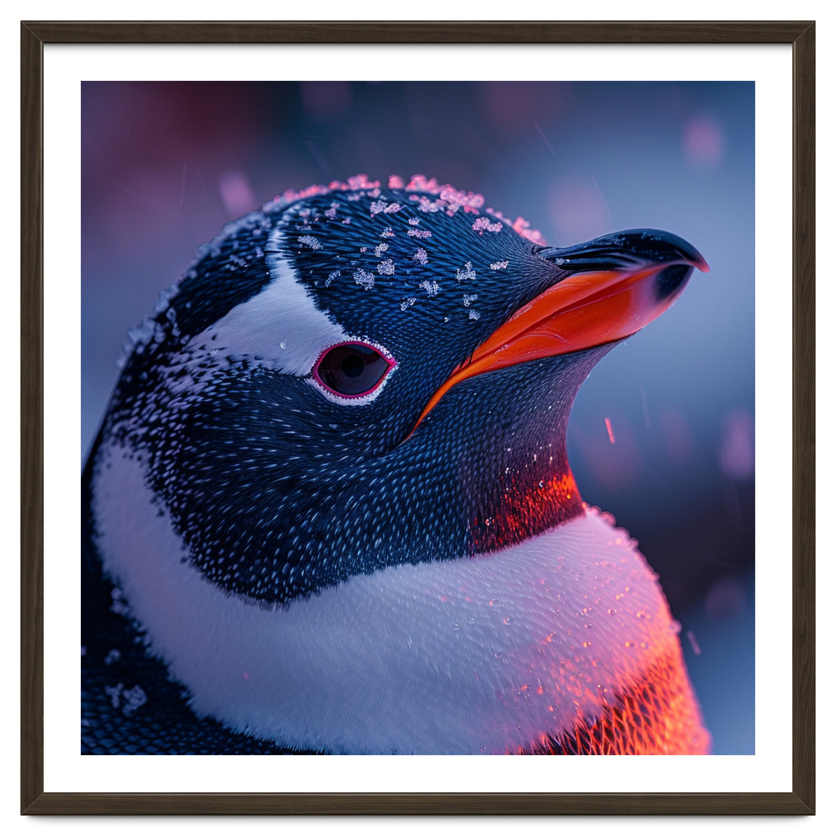 Close Up Penguin With Snowflakes On Head