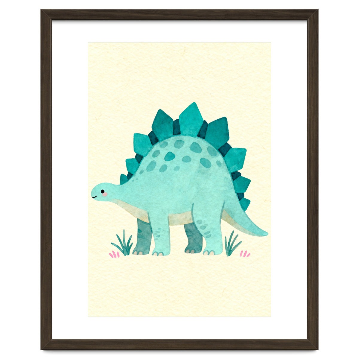 Teal Stegosaurus Watercolor Art, Cute Dinosaur Nursery Print, Whimsical Dino Illustration