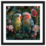 Two Lovebirds Perched On A Branch Near Flowers thumbnail