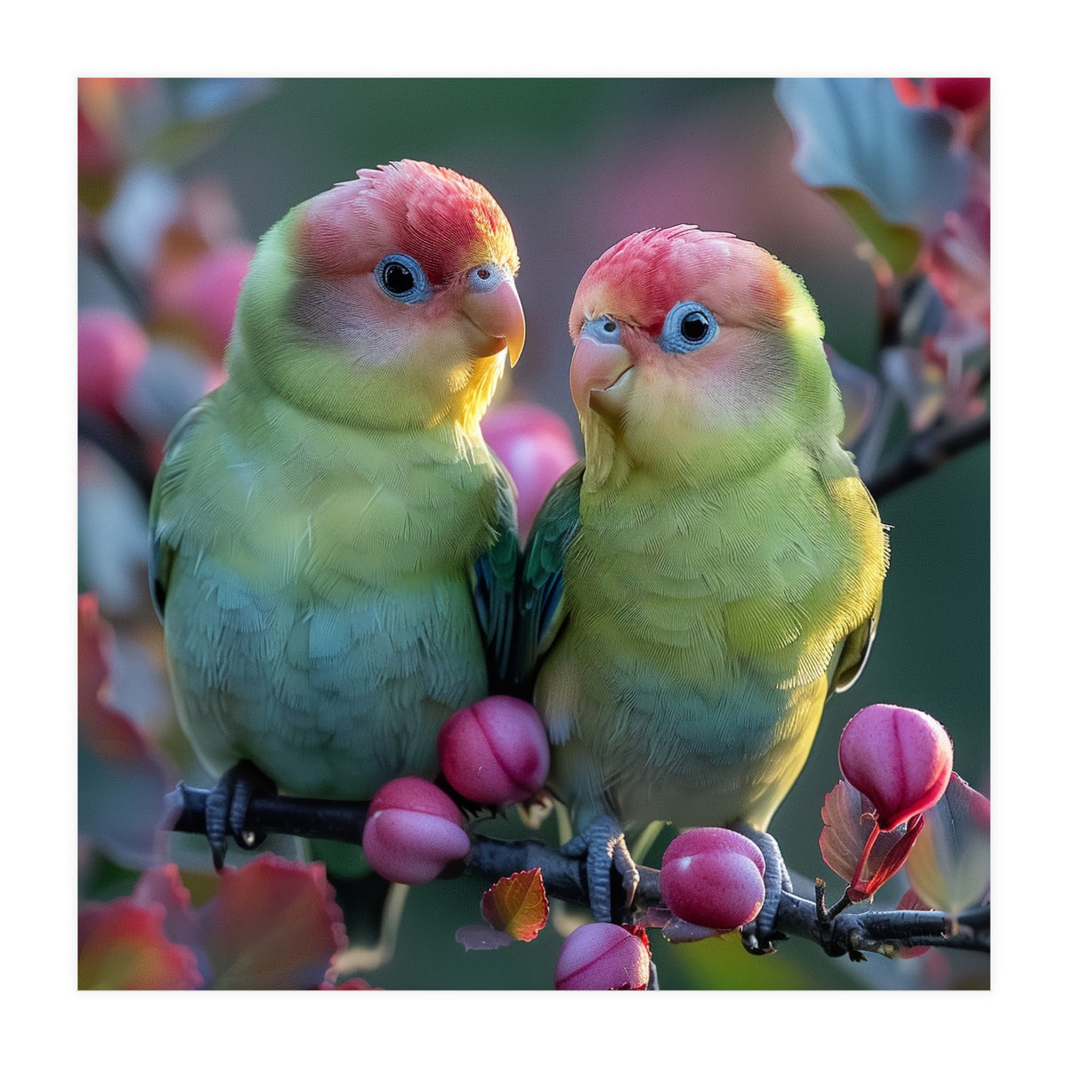 Two Lovebirds On A Branch Surrounded By Berries (Print Only)