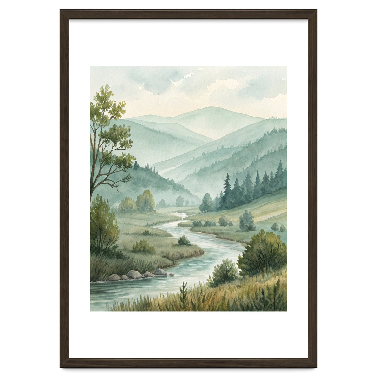 Serene River Valley in Soft Watercolor