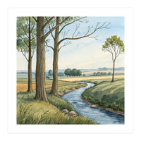 Pastoral Countryside Watercolor Painting with Winding Stream Meadows and Deciduous Trees Landscape (Print Only)
