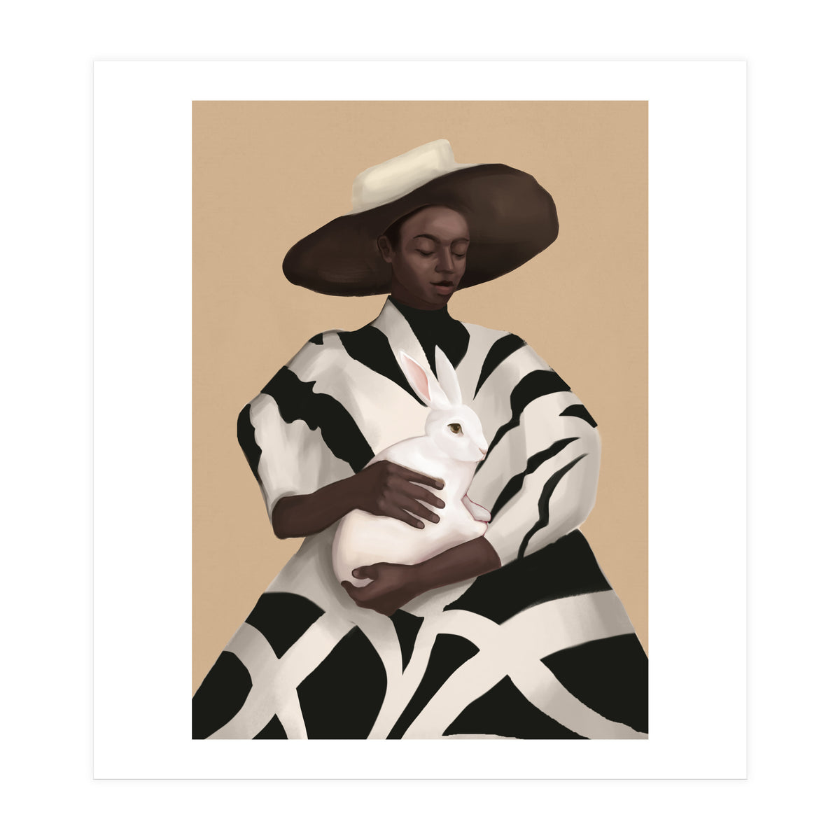 Woman In Stripes Holding A White Rabbit (Print Only)