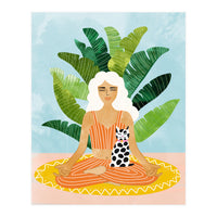 Meditation With Thy Cat Poster | Blonde Woman of Color | Tropical Banana Leaves Quirky Pet Workou (Print Only)