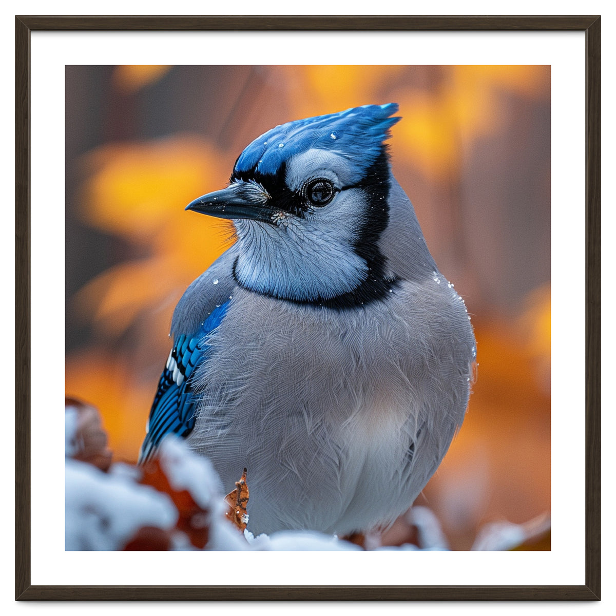Blue Jay Bird In Winter Snowfall And Leaves