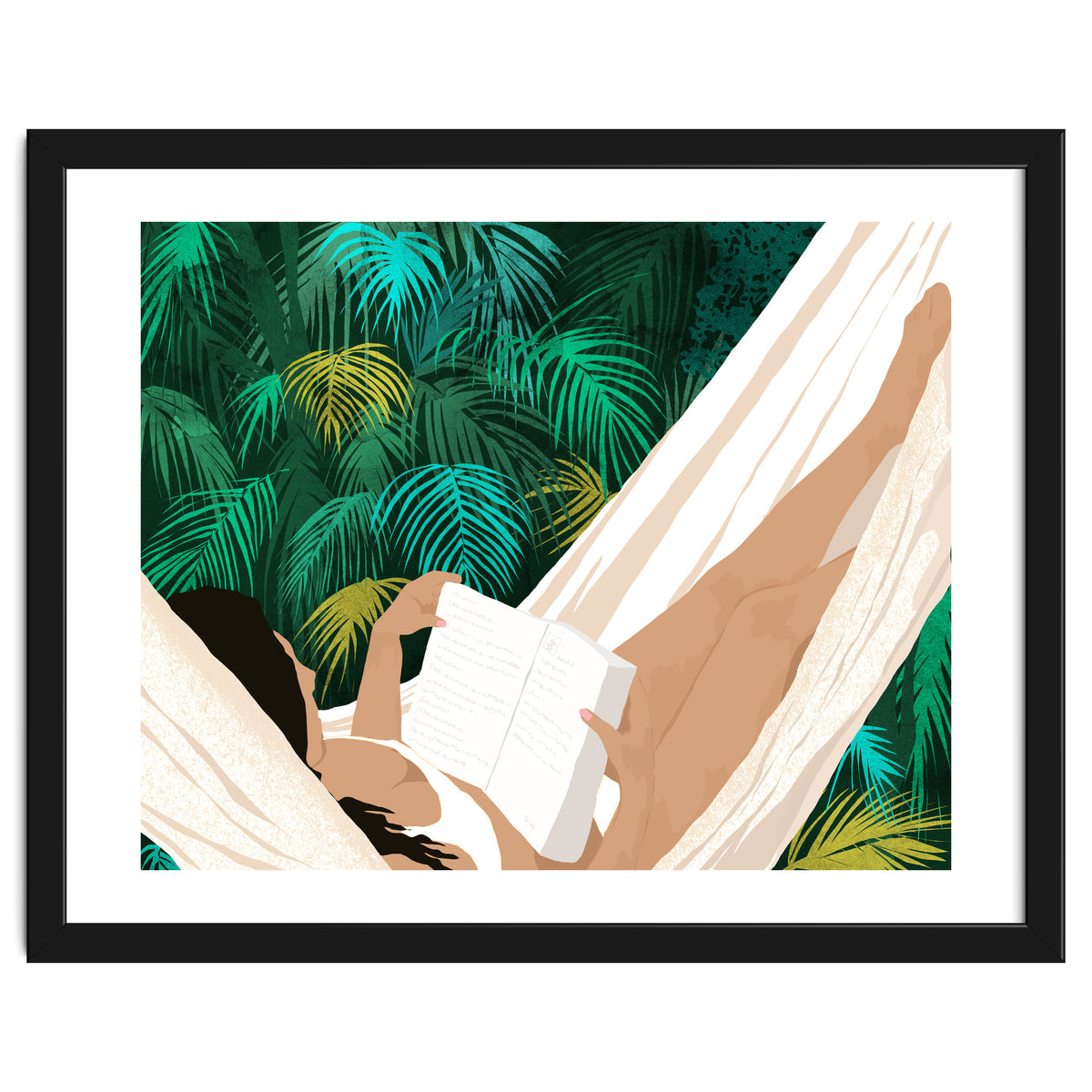 Summer Hammock Reading, Tropical Jungle Travel, Watercolor Nature Bohemian Forest Plants, Palm Beach