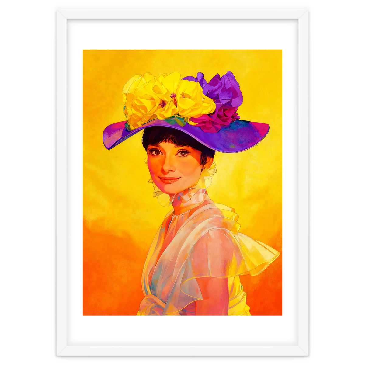 Audrey Hepburn Pop Art, Vibrant Floral Hat Portrait, Iconic Movie Star Illustration