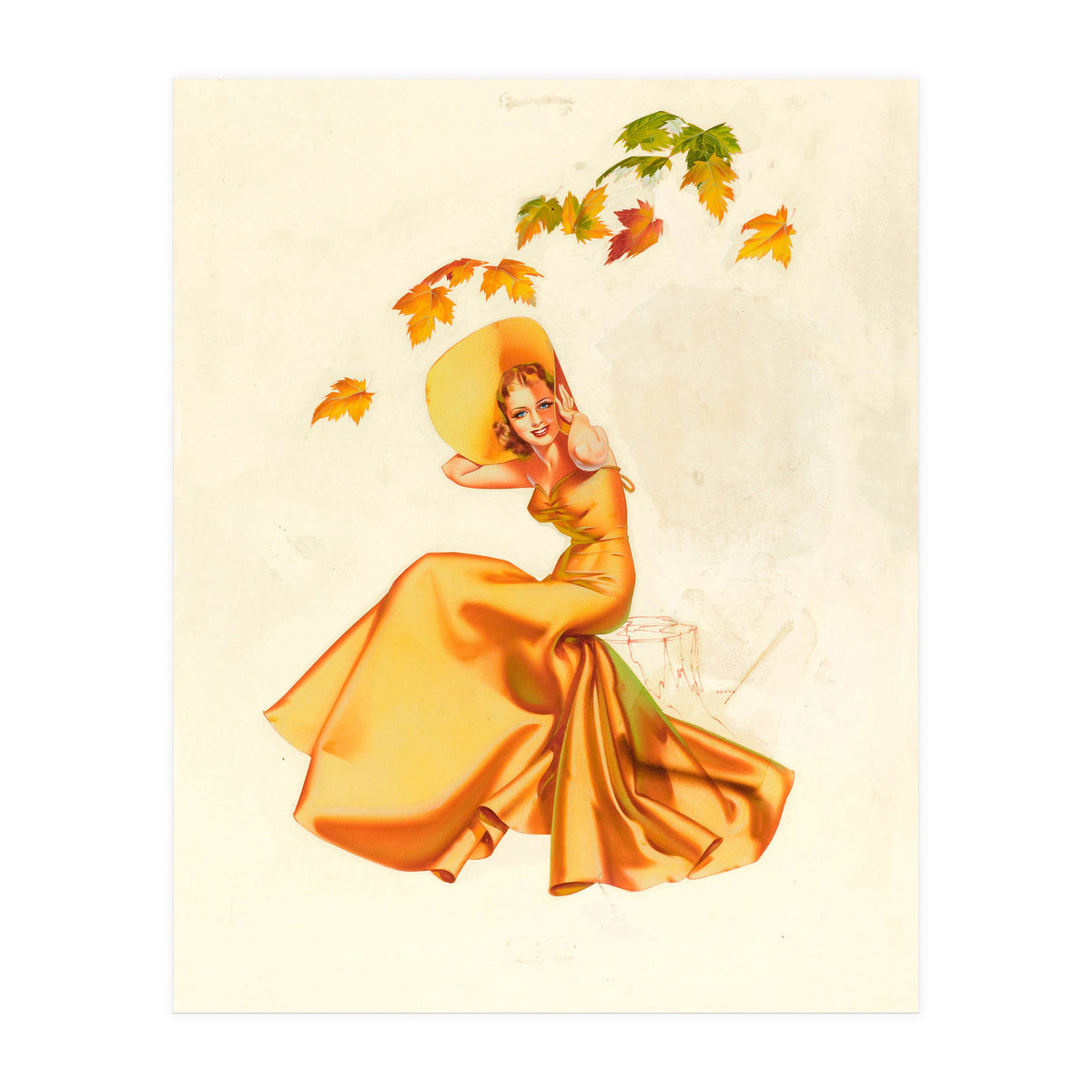 Woman Posing In Yellow Dress And Autumn Leafs (Print Only)