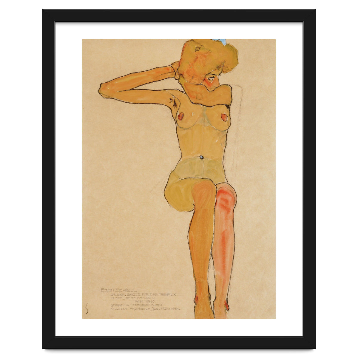 Seated female nude with raised right arm,1910 Gouache,.