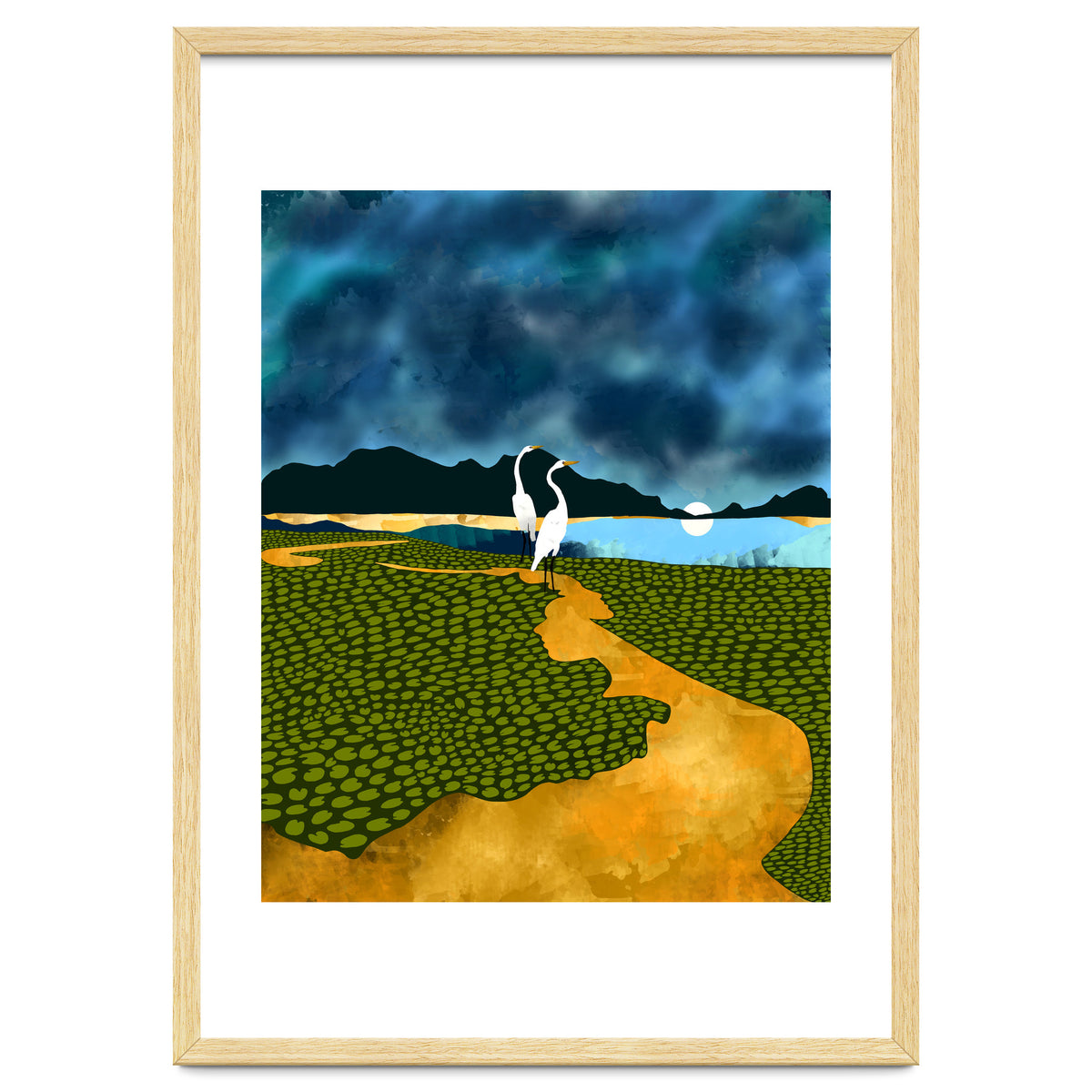 Great Egrets On Honeymoon Island, Heron Wildlife Painting Nature Landscape, Travel Dark Scenic Birds Love Animals Lake Bohemian