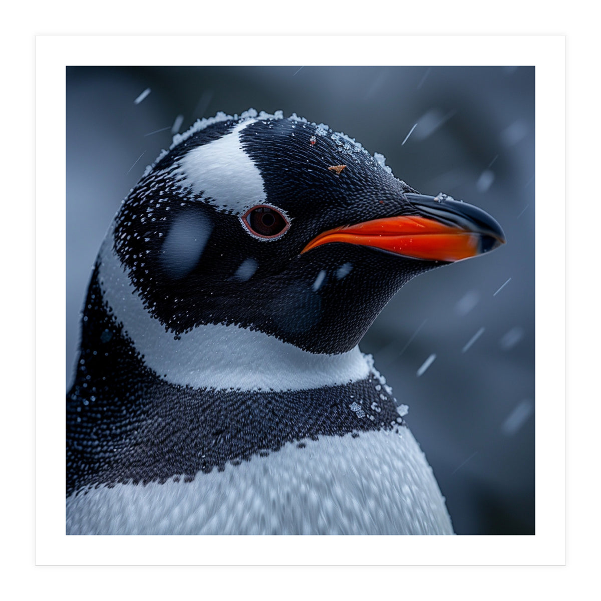 Close Up Penguin Portrait In Snowy Weather (Print Only)