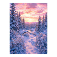 Winter Sunset Glow: Serene Snowy Forest and Frozen Creek (Print Only)