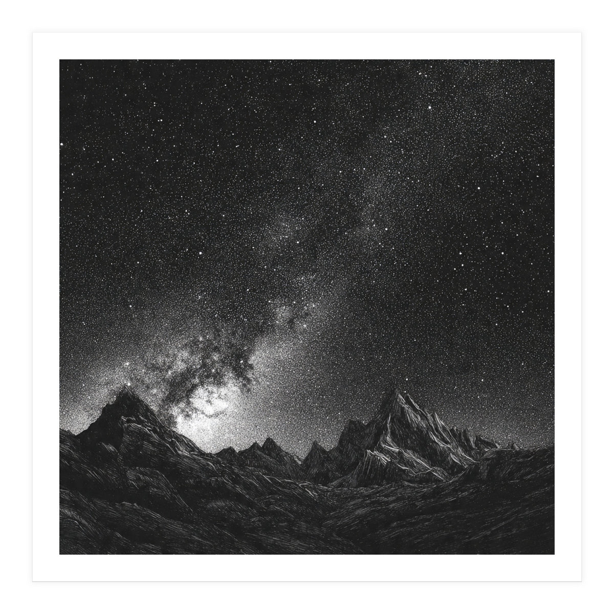 Starlit Mountain Majesty: Detailed Monochrome Milky Way (Print Only)