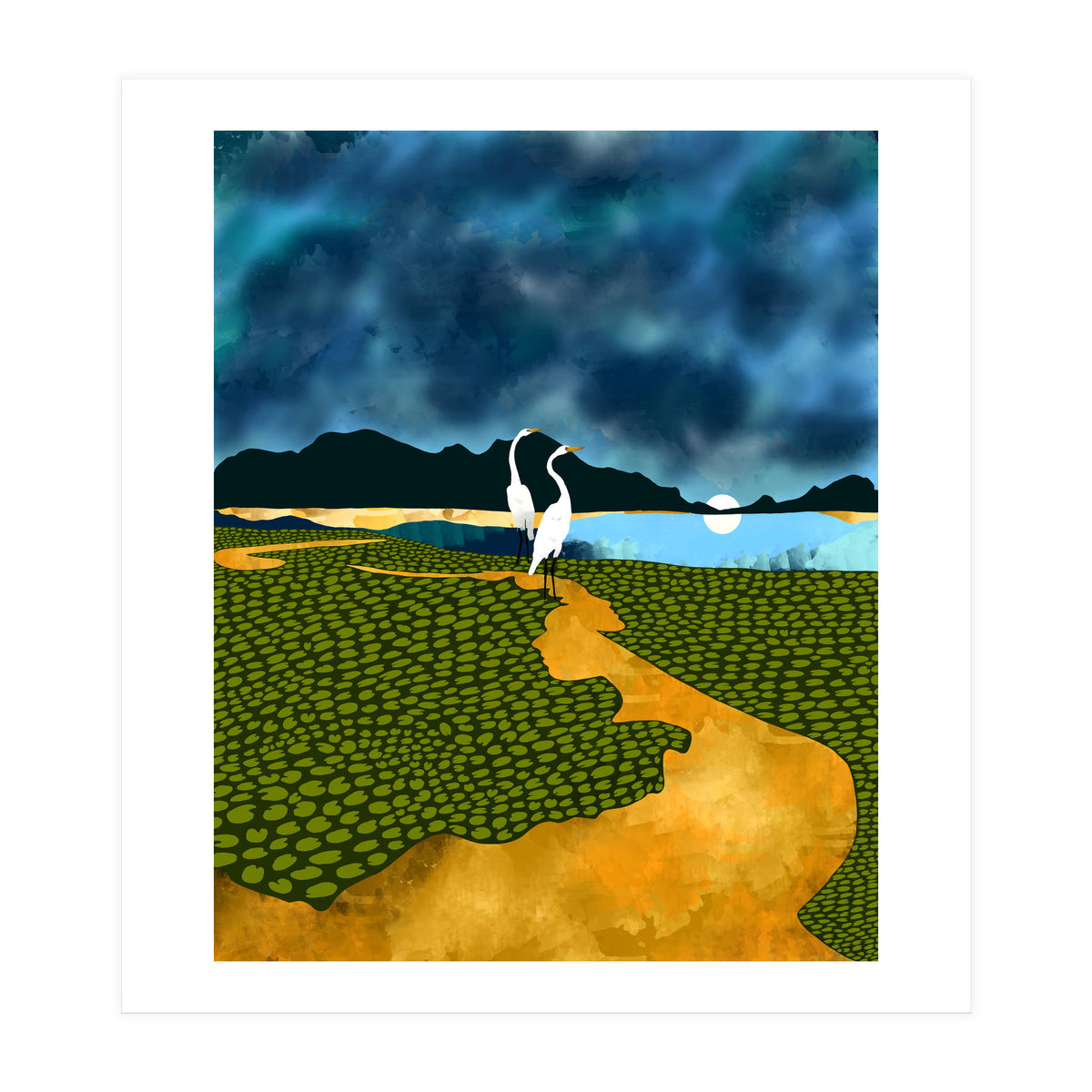 Great Egrets On Honeymoon Island, Heron Wildlife Painting Nature Landscape, Travel Dark Scenic Birds Love Animals Lake Bohemian (Print Only)