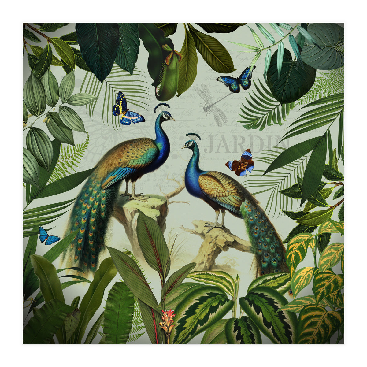 Vintage Exotic Asian Peacocks In Tropical Jungle Landscape (Print Only)