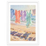 Laundry Drying by the Sea, Colorful Clothes on a Beach Clothesline, Coastal Summer Pastel Painting, Relaxing Ocean Shore Art Print thumbnail