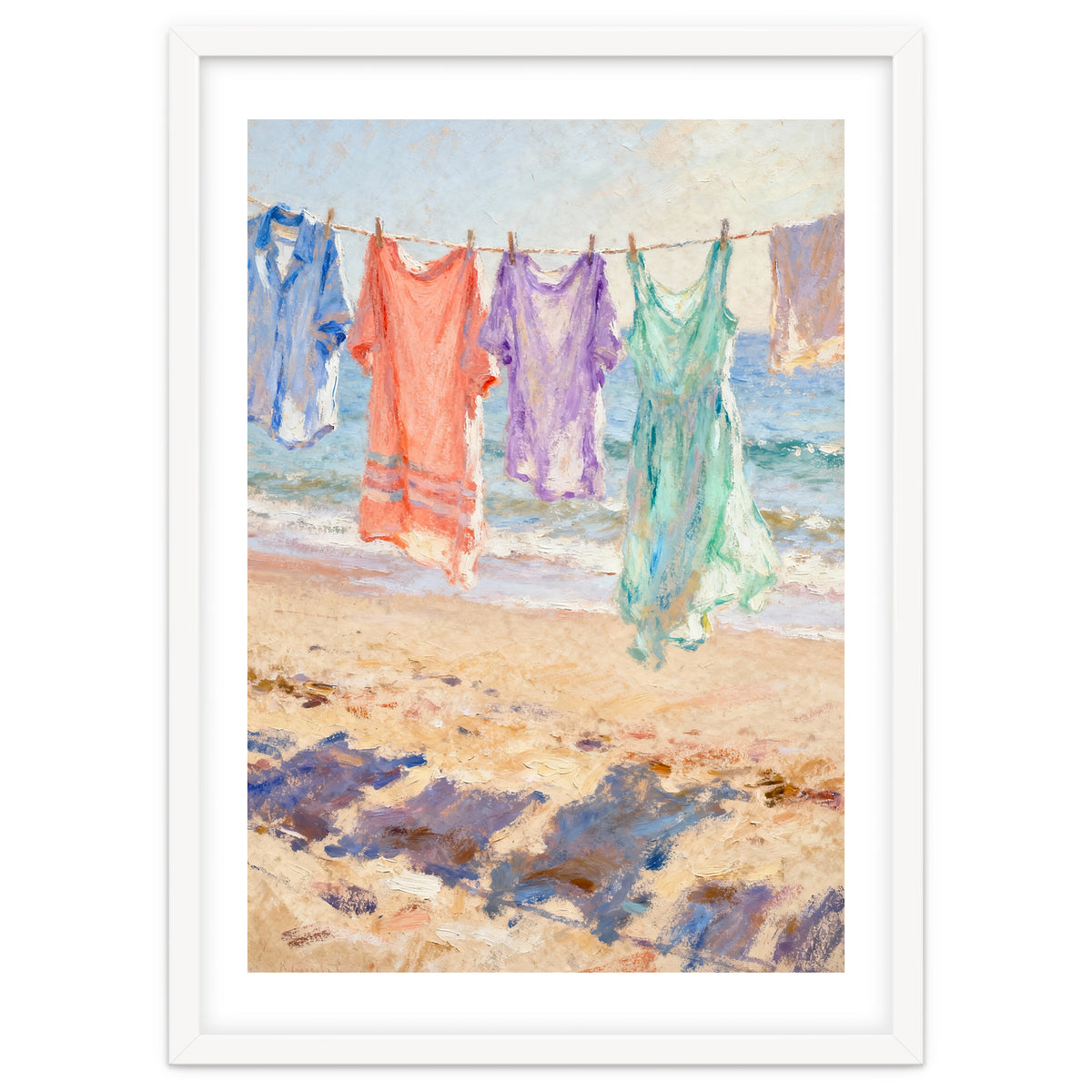 Laundry Drying by the Sea, Colorful Clothes on a Beach Clothesline, Coastal Summer Pastel Painting, Relaxing Ocean Shore Art Print