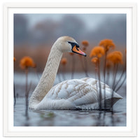 White Swan Swimming In A Lake With Reeds
