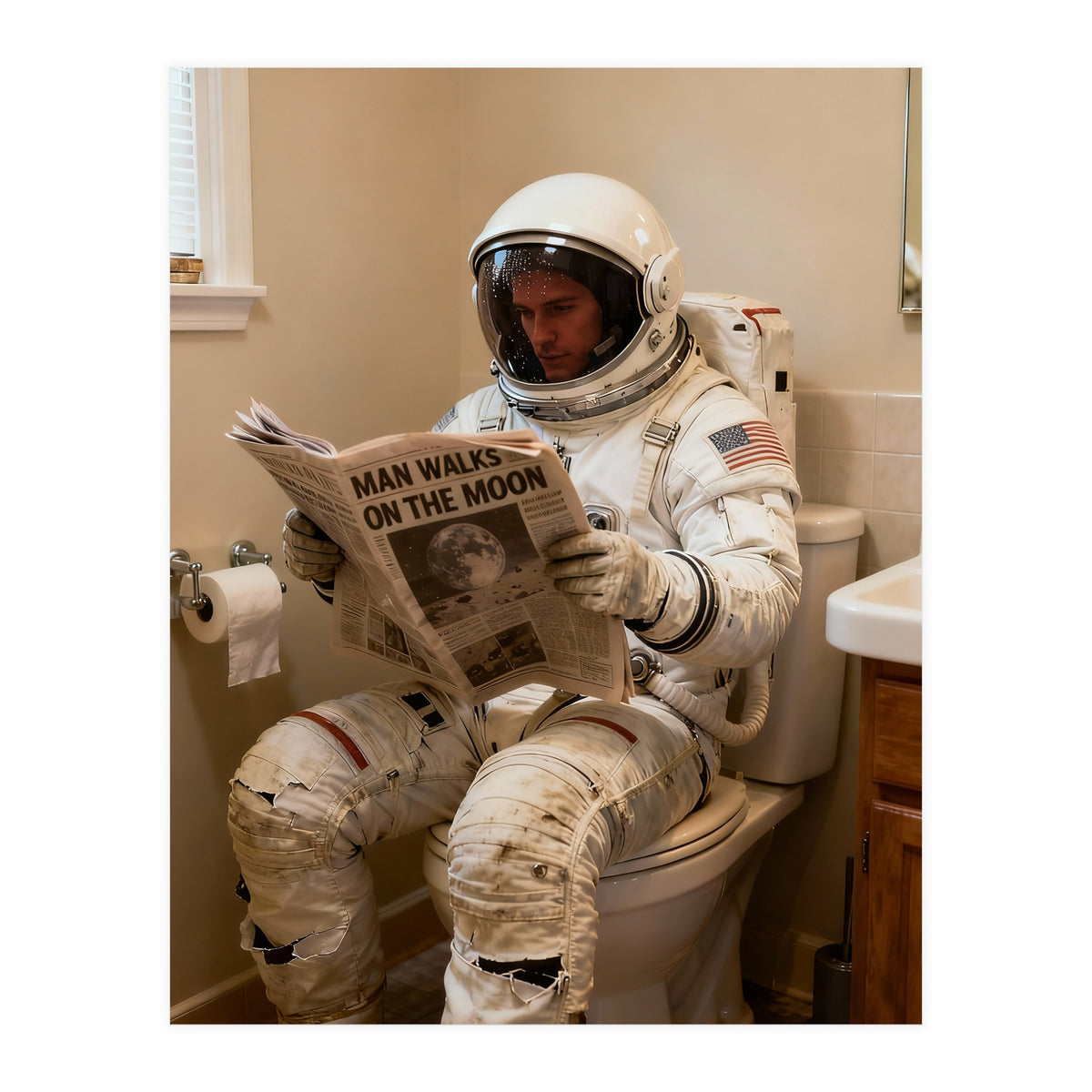 Retro AstronautReading Newspaper, Toilet Humor, Astronaut on Toilet (Print Only)