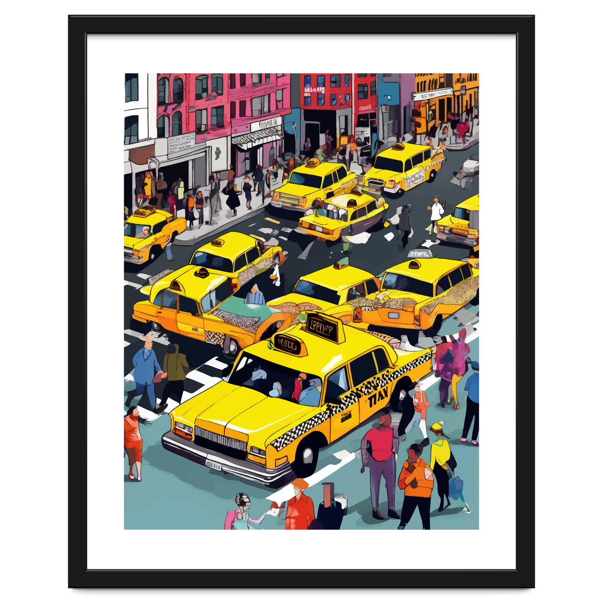 New York Minute, Yellow Taxi Cab Manhattan Downtown Busy Street, Traffic People Buildings Times Square Eclectic Road Architecture