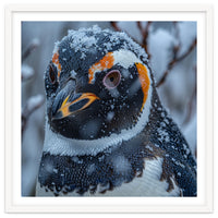 Penguin In Snow Falling Close Up Portrait