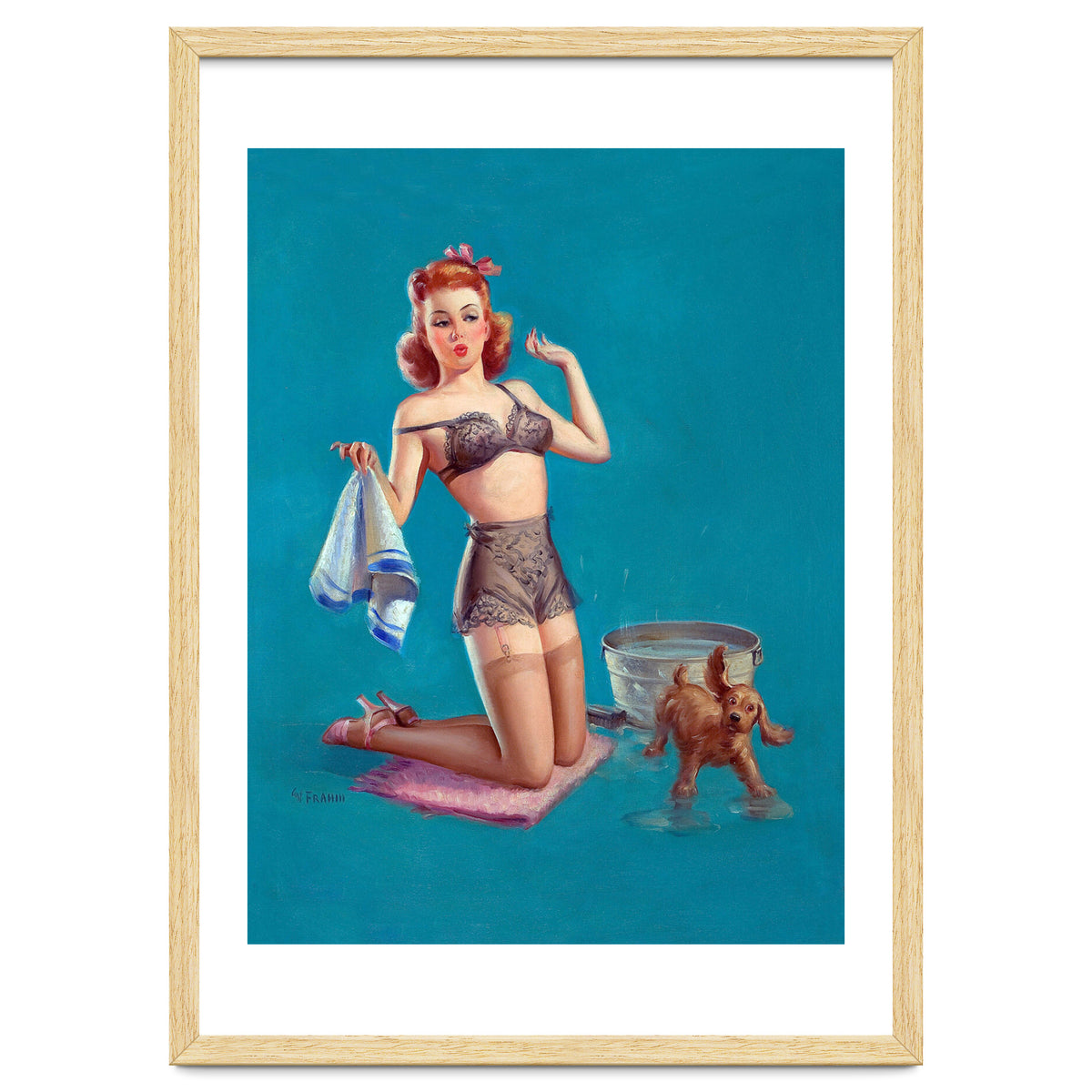 Pinup Girl Bathing A Dog