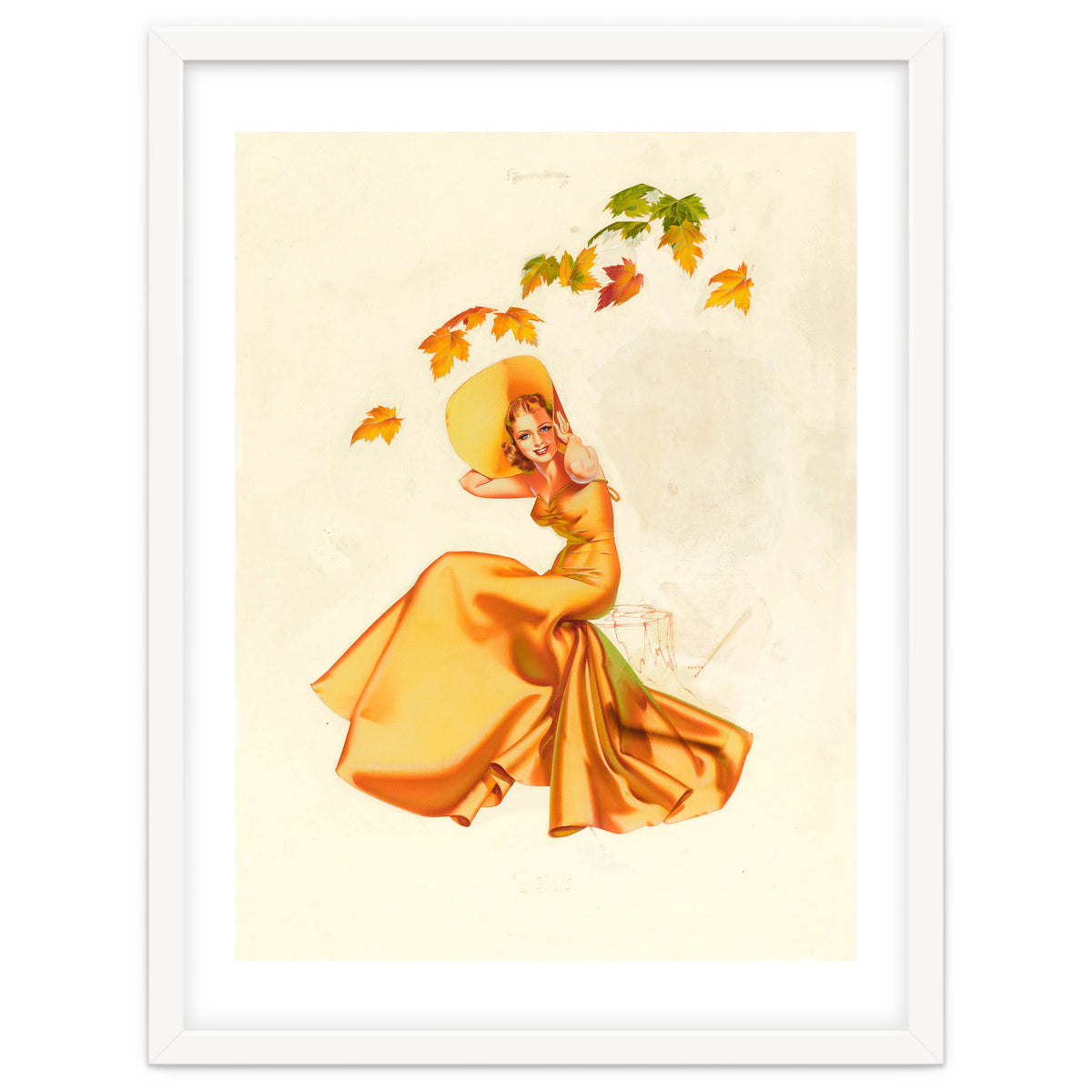 Woman Posing In Yellow Dress And Autumn Leafs