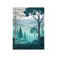 Vibrant Silhouettes in the Misty Teal Highlands (Print Only)