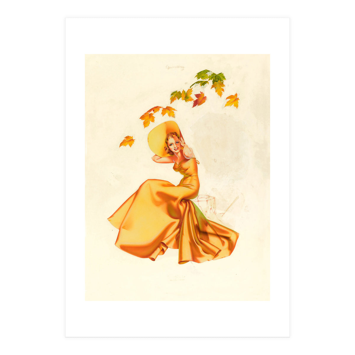 Woman Posing In Yellow Dress And Autumn Leafs (Print Only)