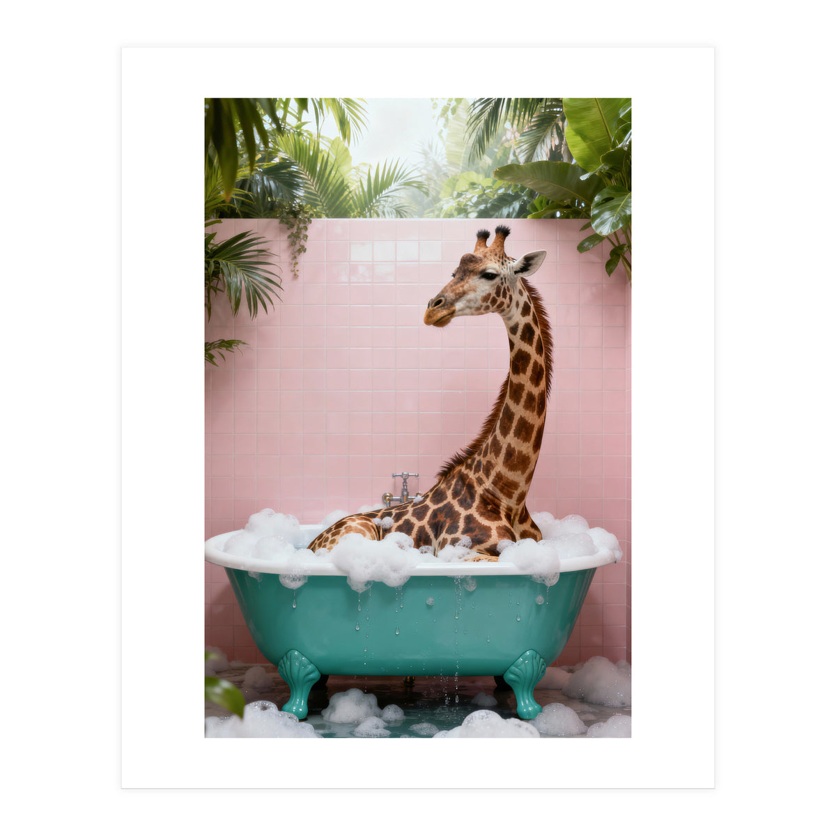 Giraffe in Bathtub, Whimsical Bathroom Art (Print Only)