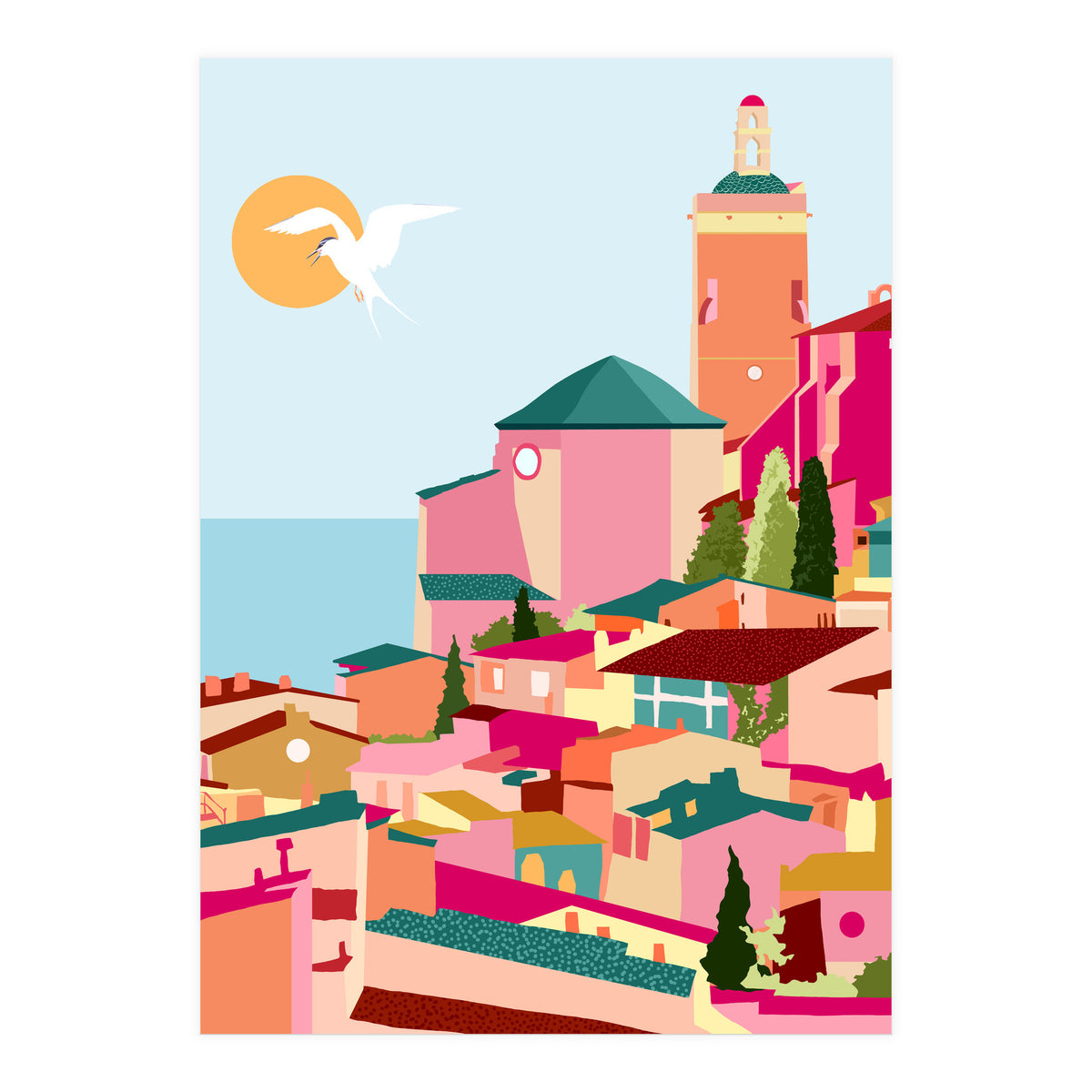 Crimson Rouge, Colorful Architecture Buildings, Greece Cityscape Skyline, Seagull Travel Summer Eclectic Bohemian Pop Of Color Positivity (Print Only)