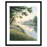 Serene River Sunrise Watercolor Painting with Meadow Grasses and Warm Golden Atmosphere Landscape thumbnail