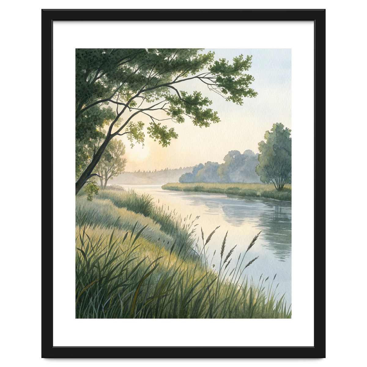 Serene River Sunrise Watercolor Painting with Meadow Grasses and Warm Golden Atmosphere Landscape