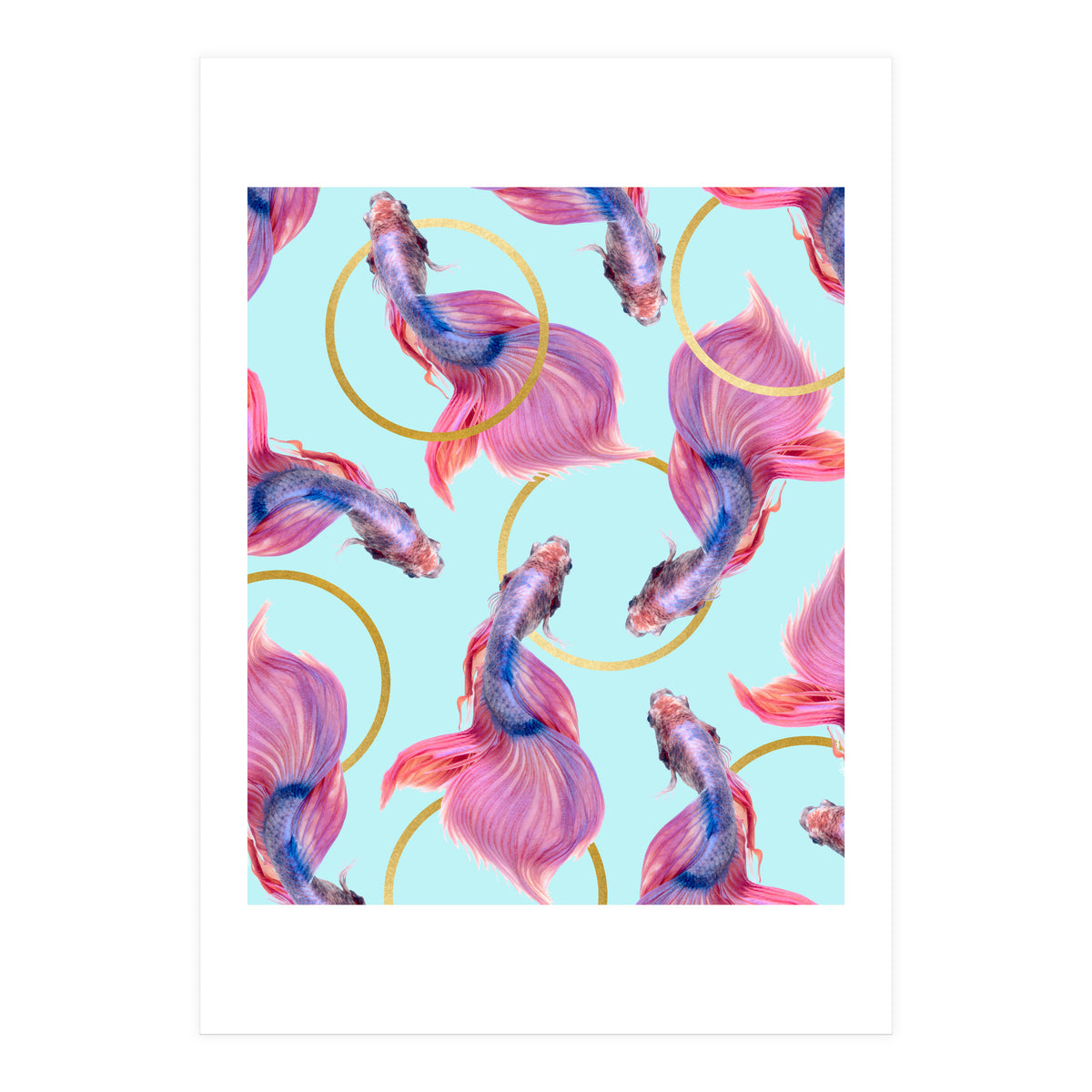 HullaHoops, Eclectic Colorful Fish Graphic Design, Animals Gold Rings Surrealism Quirky (Print Only)