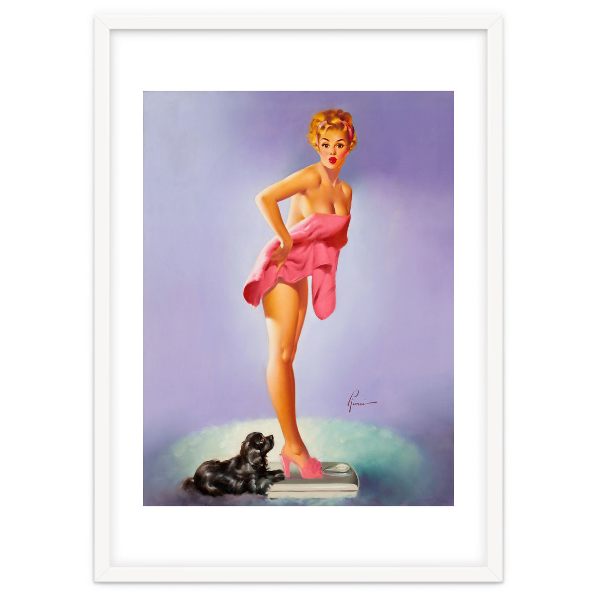 Pinup Girl On A Scale With Her Little Black Dog Behind